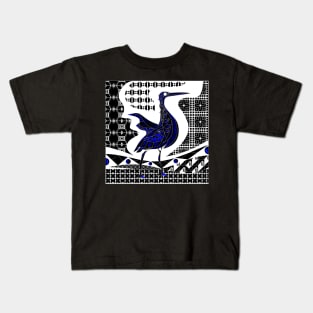 blue heron agami bird in black talavera patterns in mexican wallpaper ecopop Kids T-Shirt